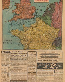 WWII / PLANNED ALLIED INVASION OF FRANCE / PICTOGRAPHIC MAP: [Untitled Map showing the Proposed Routes for an Allied Invasion of Nazi Occupied North-Western Europe…Cumhuriyet, 5 Birinciteşrin 1943].