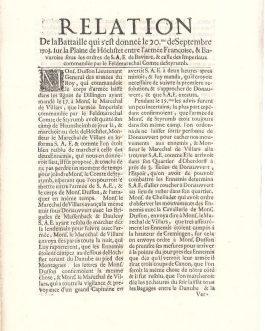 WAR OF THE SPANISH SUCCESSION (1701–1714) / BAVARICA: Relation de la Battaille qui s’est donnée le 20me de Septembre 1703 sur la plaine de Höchstet entre l’armée françoise & bavaroise…