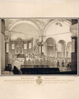TRIESTE: Esposizione della salma dell’augusto signore Don Carlo Maria Isidoro di Borbone, conte di Molina, in una sala del suo palazzo in Trieste ridotta a cappella ardente dal 12 al 16 marzo 1855 [Display of the remains of the venerable lord Don Carlos María Isidro de Borbón, Conde de Molina,, in a room of his palace in Trieste, which was converted into a chapel of rest from 12 to 16 March 1855]